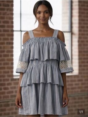 Blue Striped Off-Shoulder Tiered Mini Dress